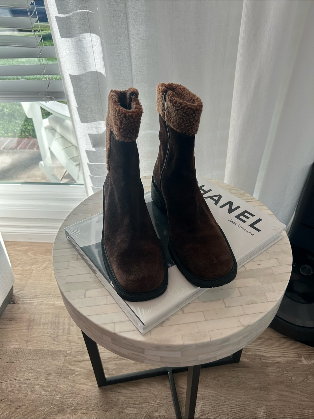 Stuart Weitzman chocolate shearing top boots